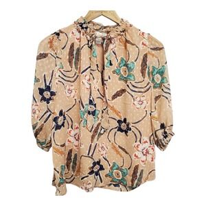 JOIE S Swiss Dot Tie-Neck Blouse Women Small Floral Peasant Ruffle 3/4 Sleeve A8